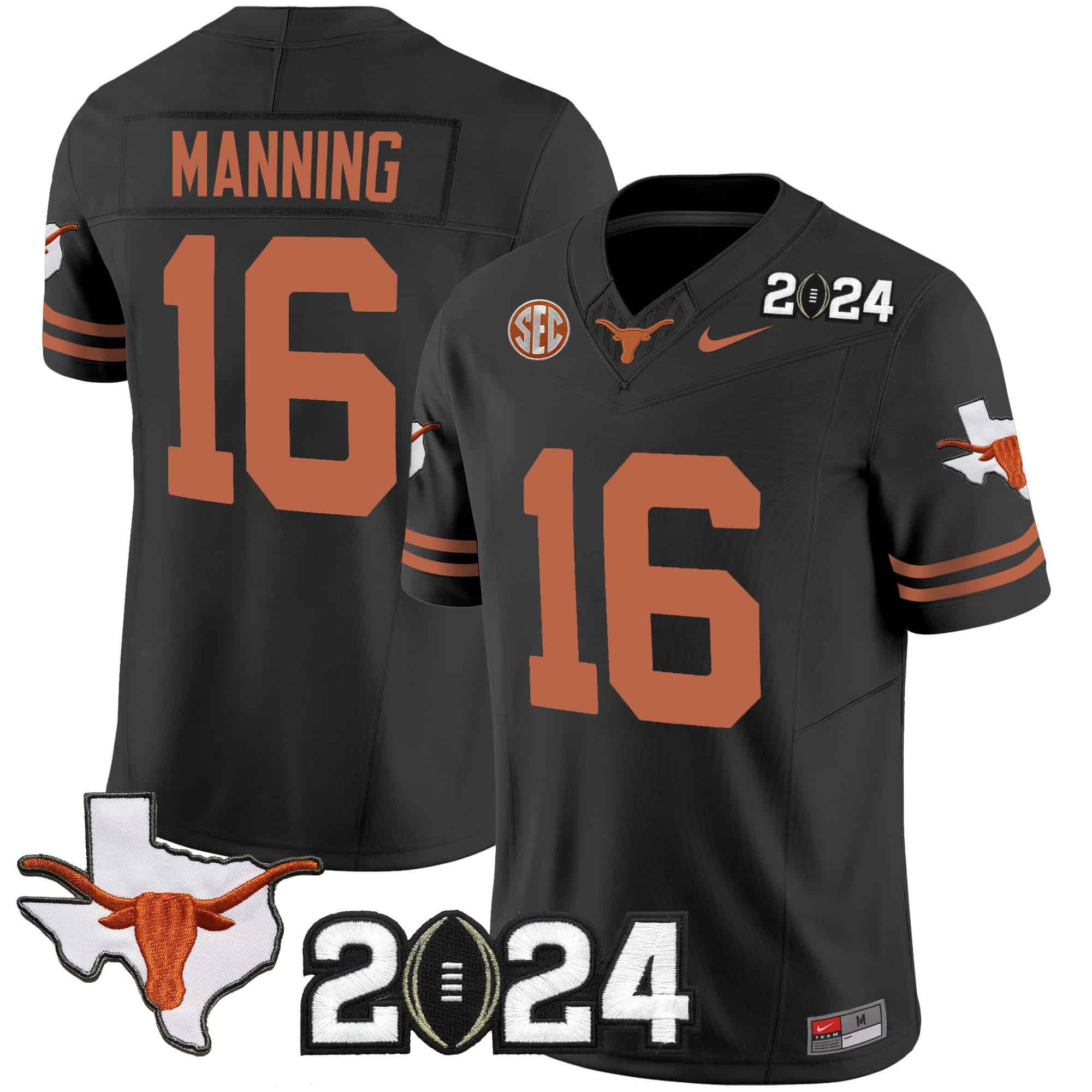Men Texas Longhorns #16 Manning Black 2024 Nike Vapor Limited NCAA Jersey style 1